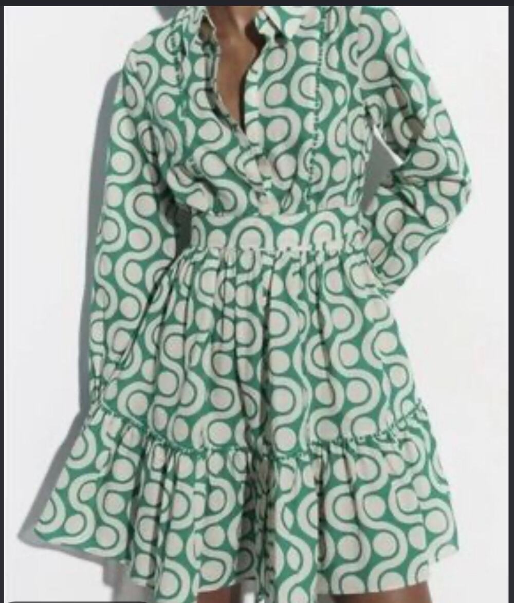 Zara The Amelie Geometric Wave Print Mini Shirt Dress Green Cream XXL